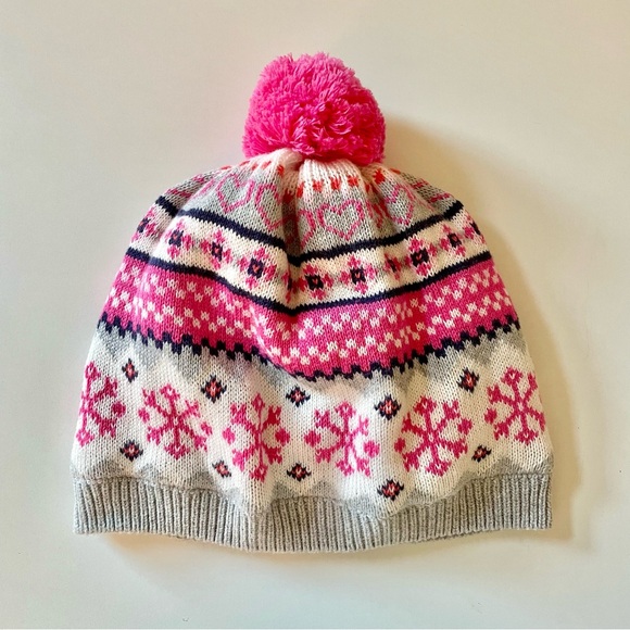Ladies/Teen Knit Hat, Plush Lining, Nordic, Snowflake Print, Puffball at top. - Picture 5 of 6